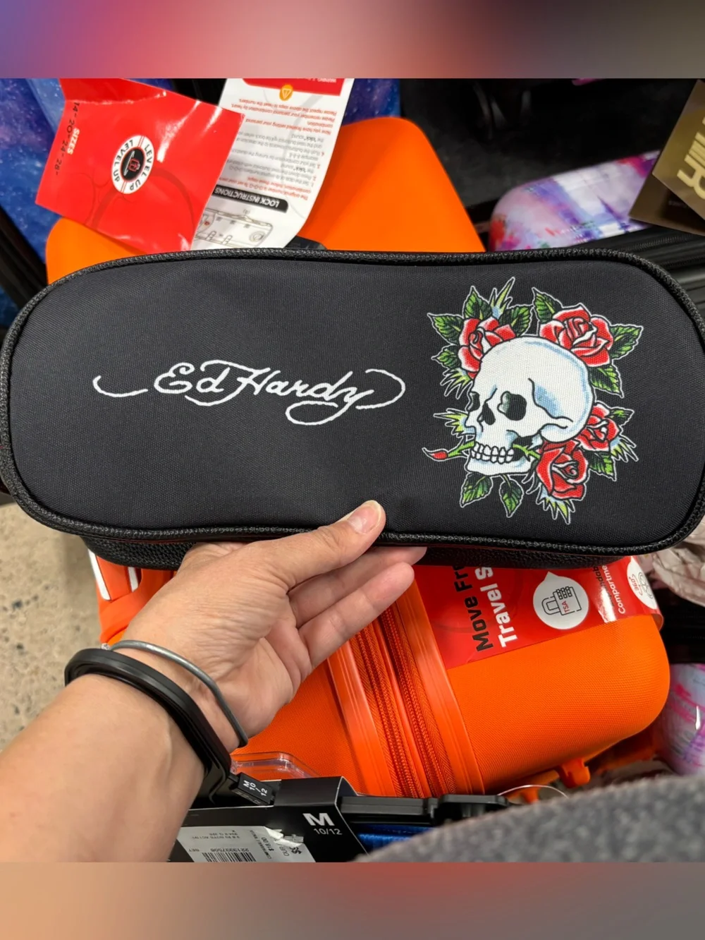 Ed Hardy Black Toiletry Sling with Skull & Red Rose Graphic